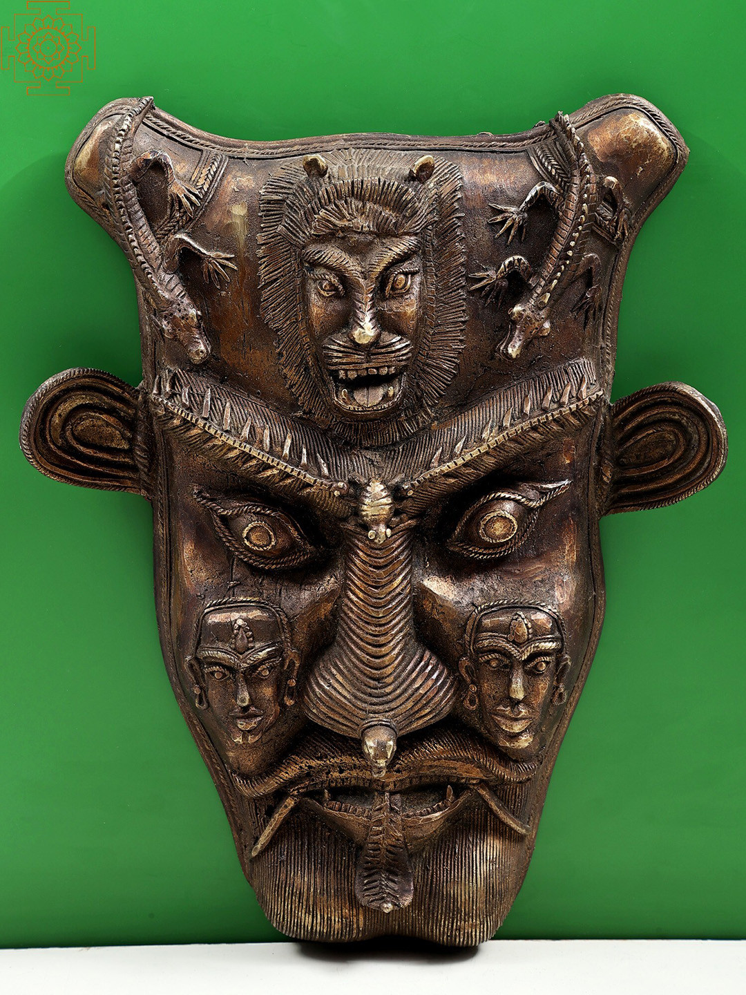 Exotic India Tribal Brass Face Wall Hanging Glossy Hall Wall Masks-16.5In