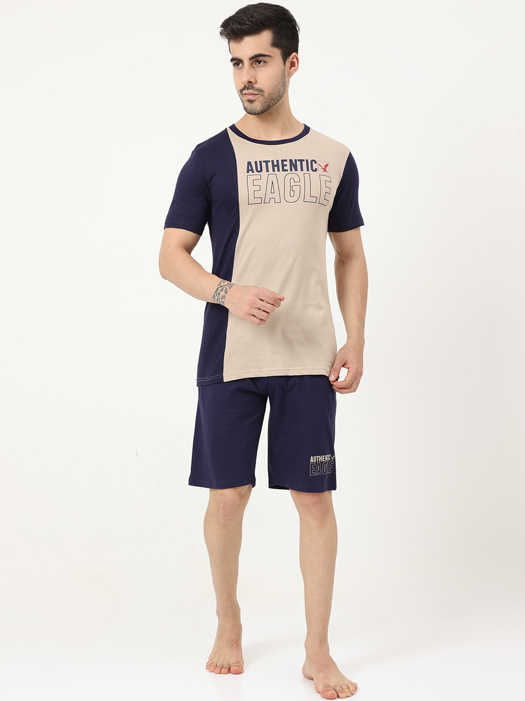 Masculino Latino Men Beige & Blue Printed Night suit