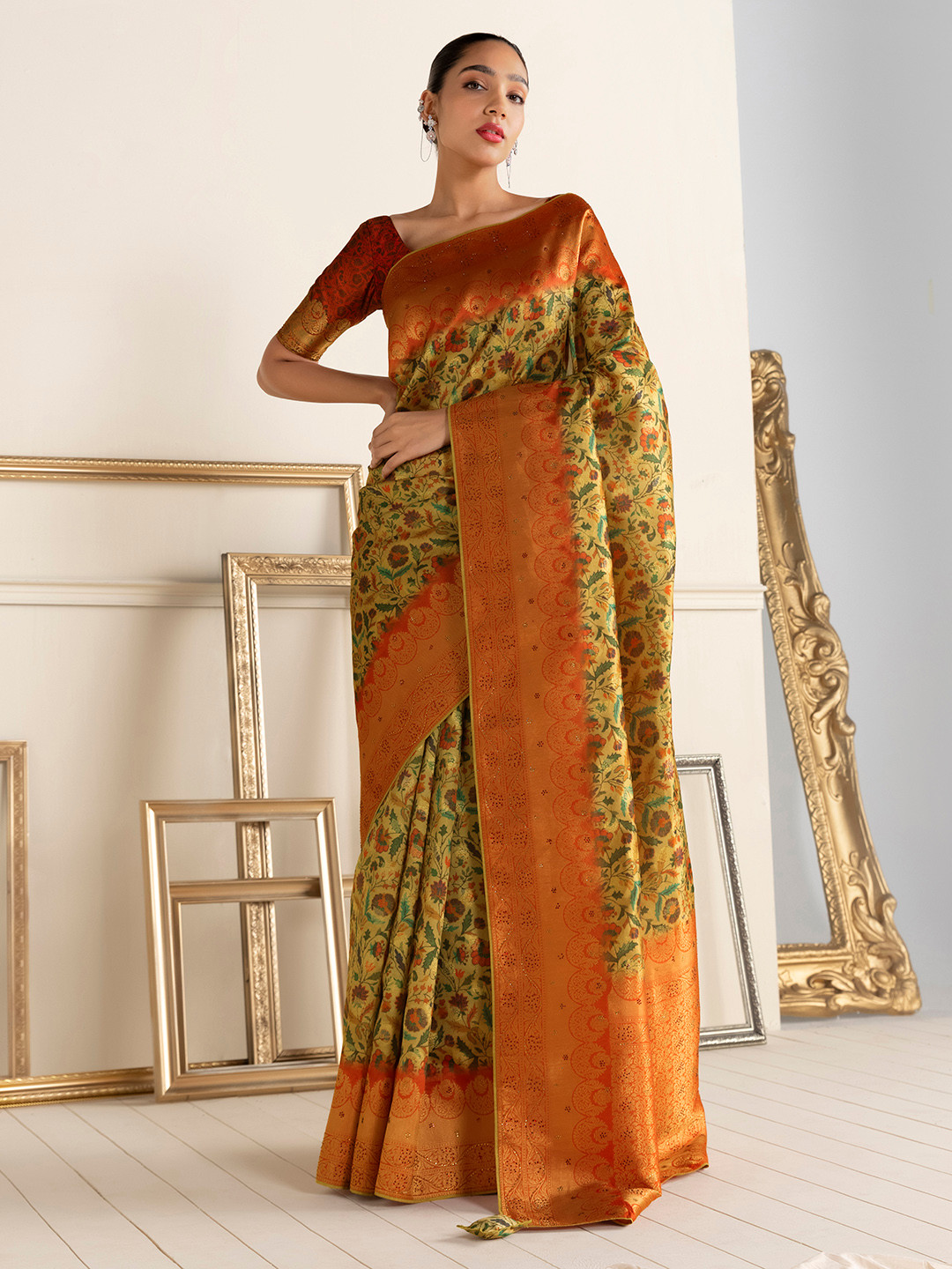 Soch Beige & Red Floral Beads and Stones Silk Cotton Chanderi Saree