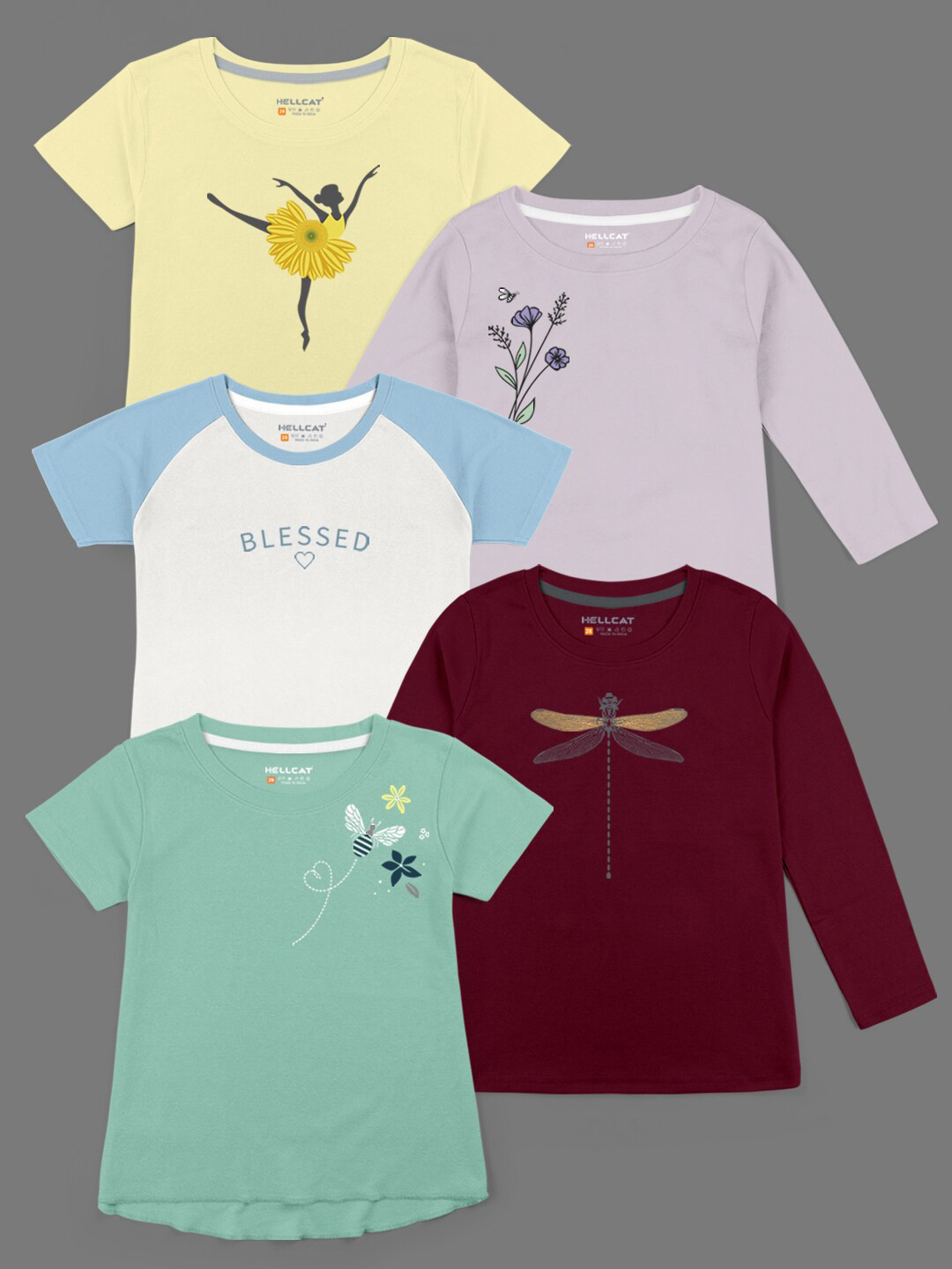 HELLCAT Girls Pack of 5 Maroon & Blue Printed Bio Finish T-shirt