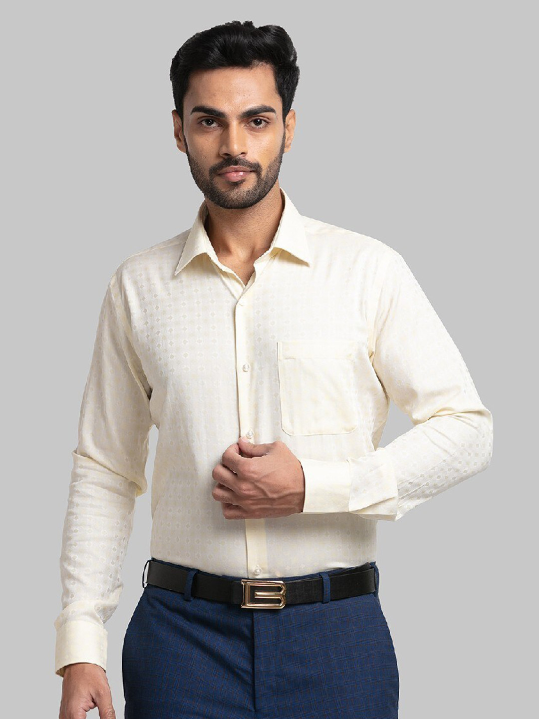 Raymond Beige Jacquard Contemporary Fit Formal Shirts For Men