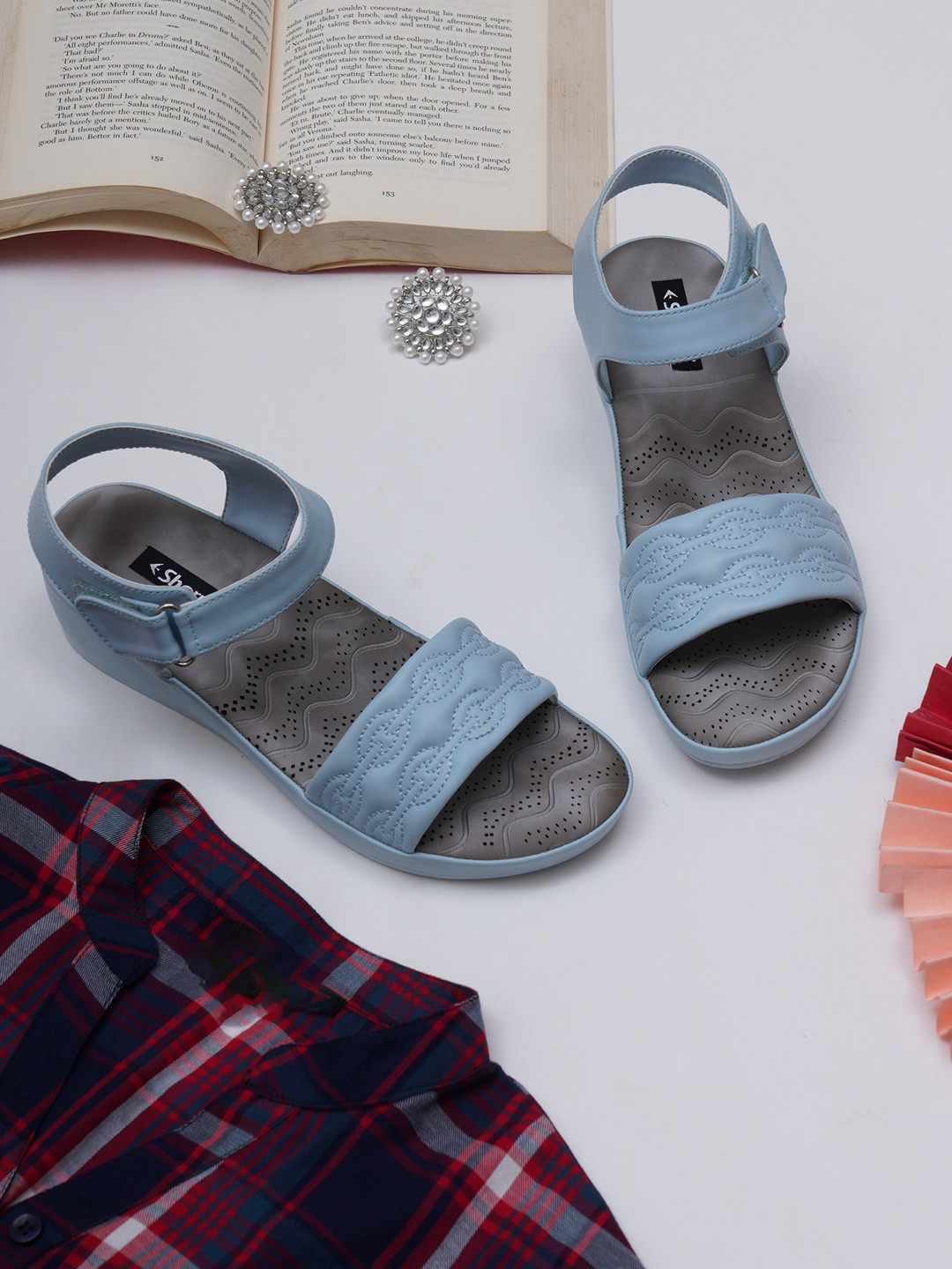 Sherrif Shoes Women Blue Printed Wedge Heels with Buckles