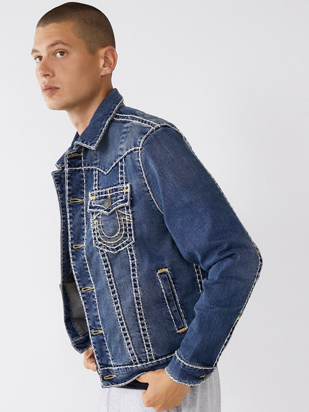 True Religion Men Blue Lightweight Tailored Jacket with Patchwork