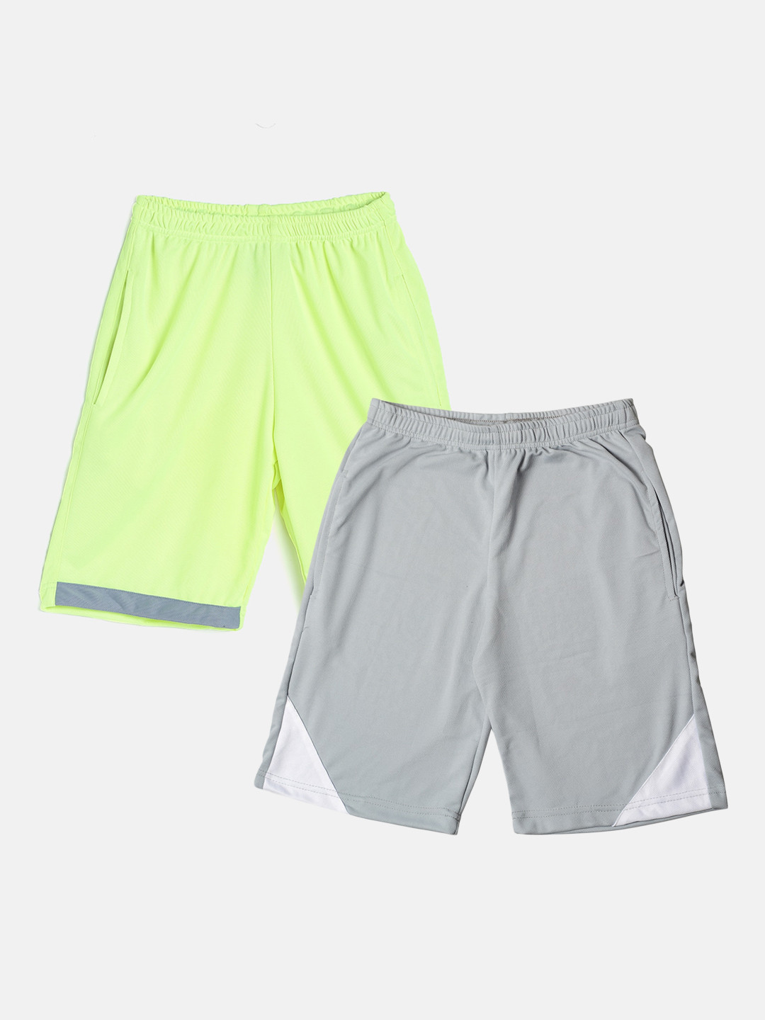 TINY HUG Boys Pack Of 2 Fluorescent Green & Grey High-Rise Outdoor Sports Shorts