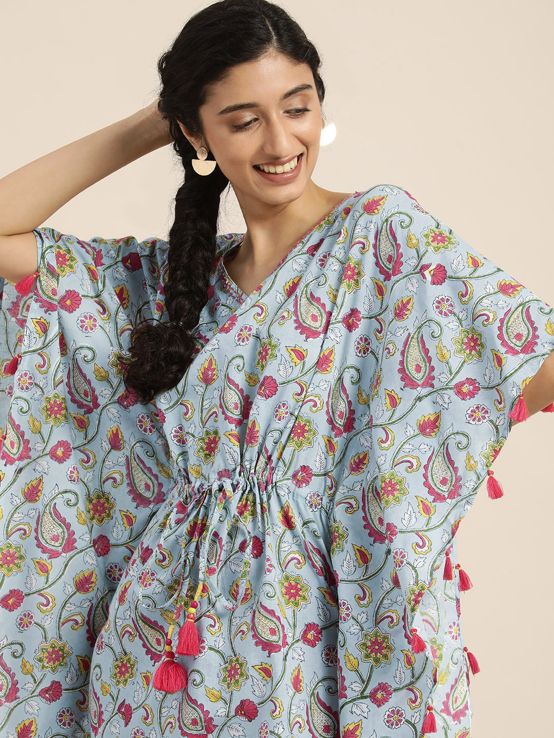 Taavi Women Grey & Pink Block Print Legacy Kaftaan Kurta