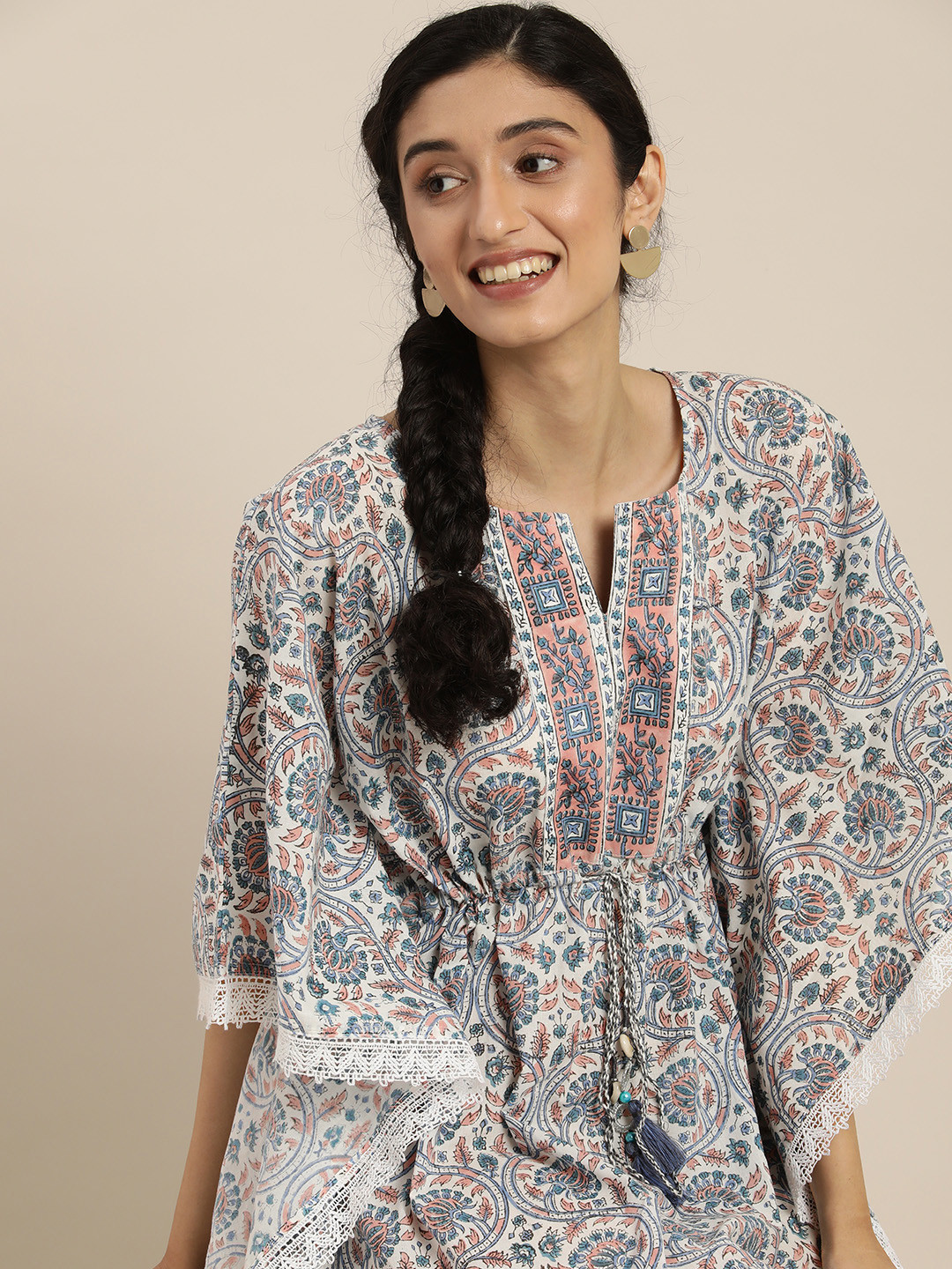 Taavi Women Off-White & Navy Blue Block Print Legacy Kaftaan Kurta