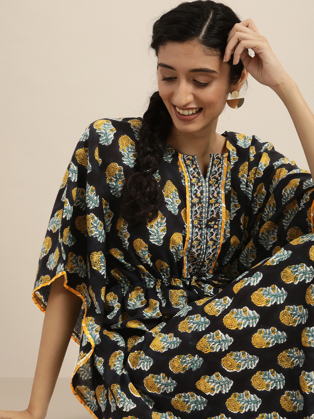 Taavi Women Black & Yellow Block Print Legacy Kaftaan Kurta