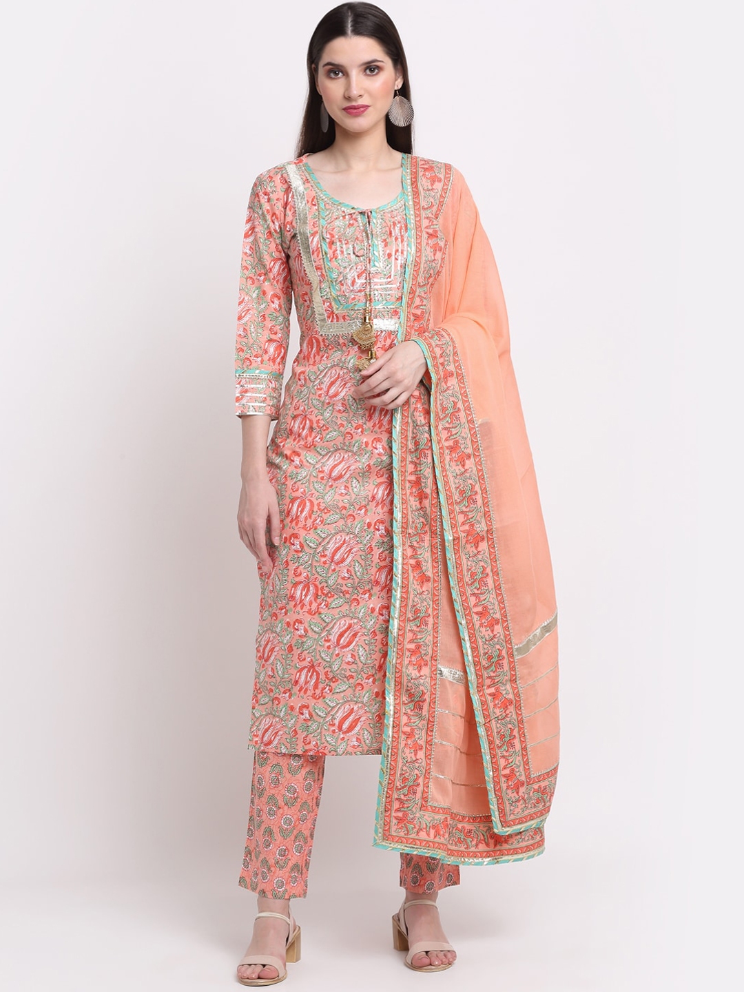 KALINI Women Peach Coloured Paisley Printed Pure Cotton Kurta With Trousers & With Dupatta - Kurta Sets for Women 19627832 | Myntra