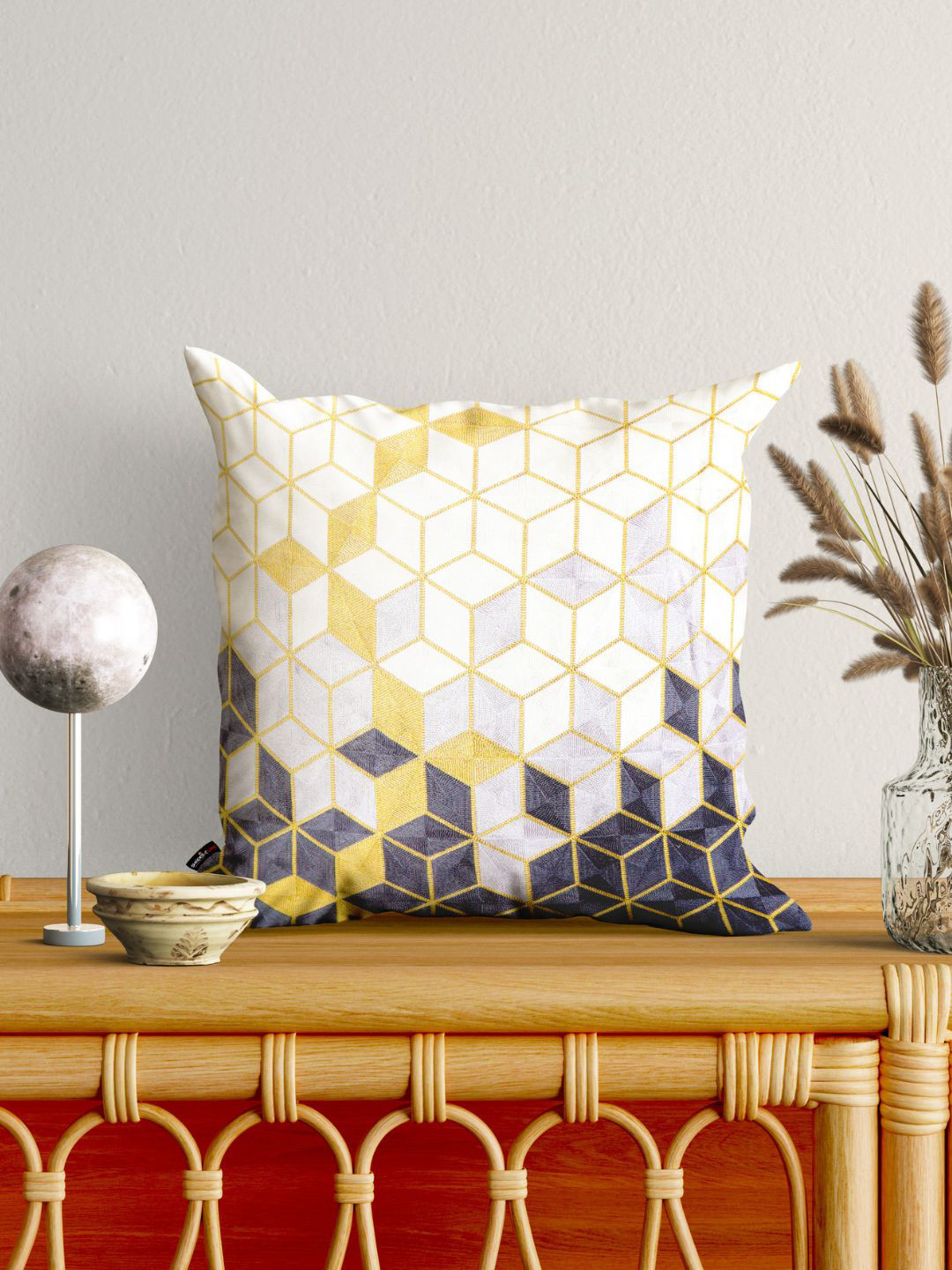 SHADES of LIFE White & Grey Set of 2 Geometric Square Cushion Covers