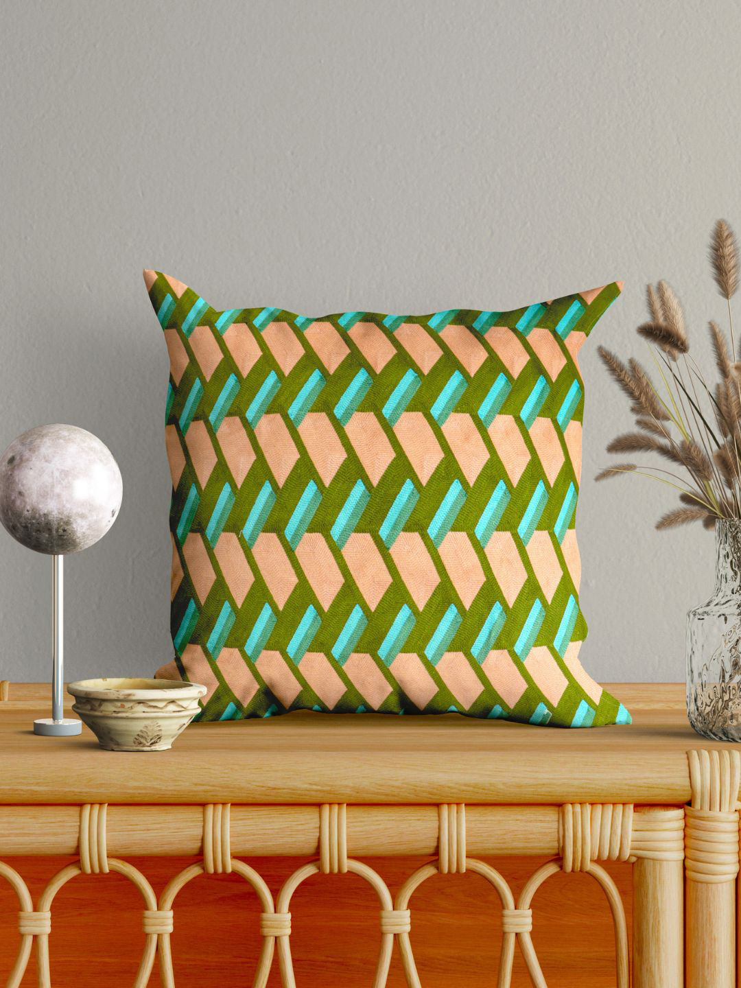 SHADES of LIFE Olive Green & Turquoise Blue Set of 2 Geometric Square Cushion Covers