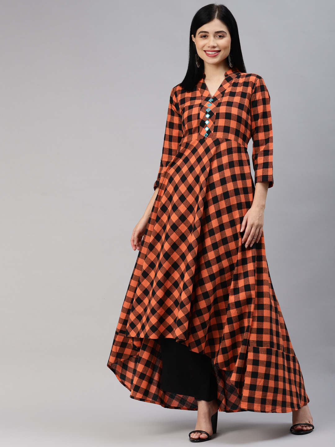 MBE Women Orange & Black Checked Mirror Work Pure Cotton Asymmetric Anarkali Kurta