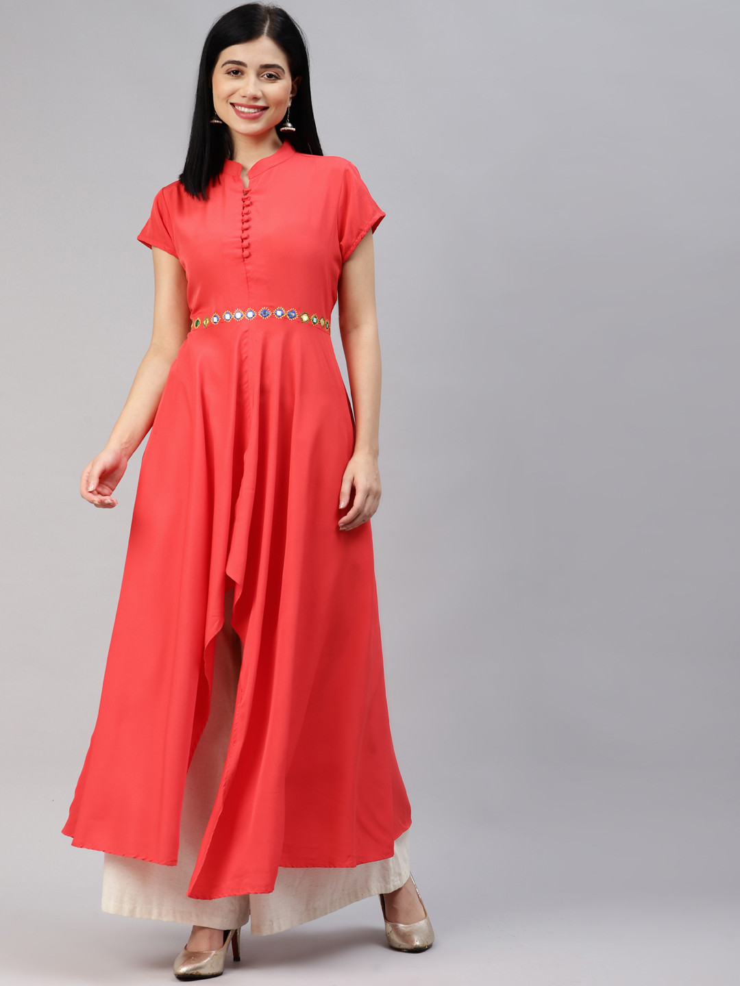 MBE Women Pink Embroidered Mirror Work Asymmetric Anarkali Kurta