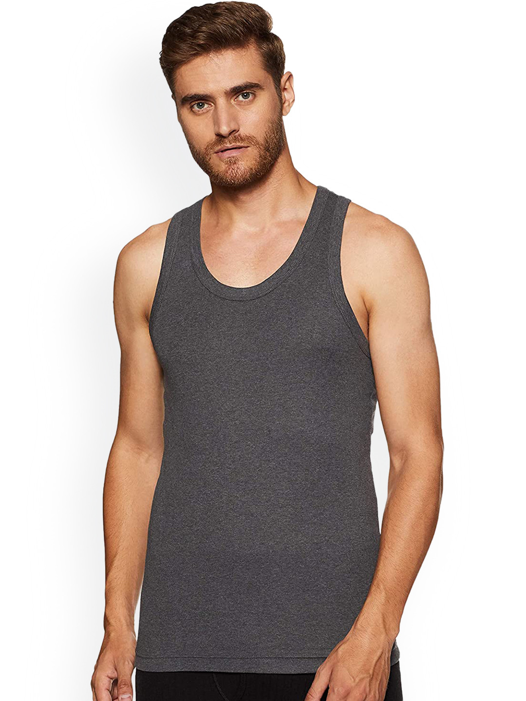 Macroman M-Series Men Charcoal Grey Solid Cotton Basic Vest