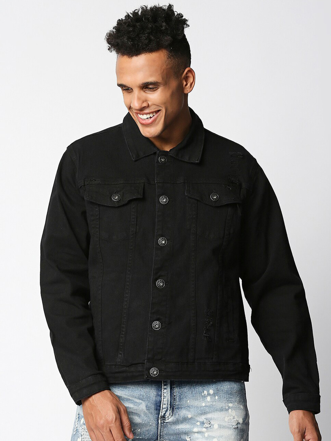 WAIMEA Men Black Washed Denim Classic Jackets
