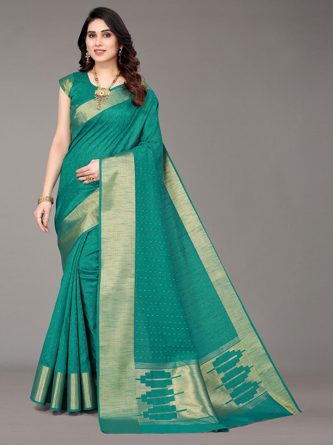 Winza Designer Teal & Gold-Toned Woven Design Zari Silk Blend Banarasi Saree