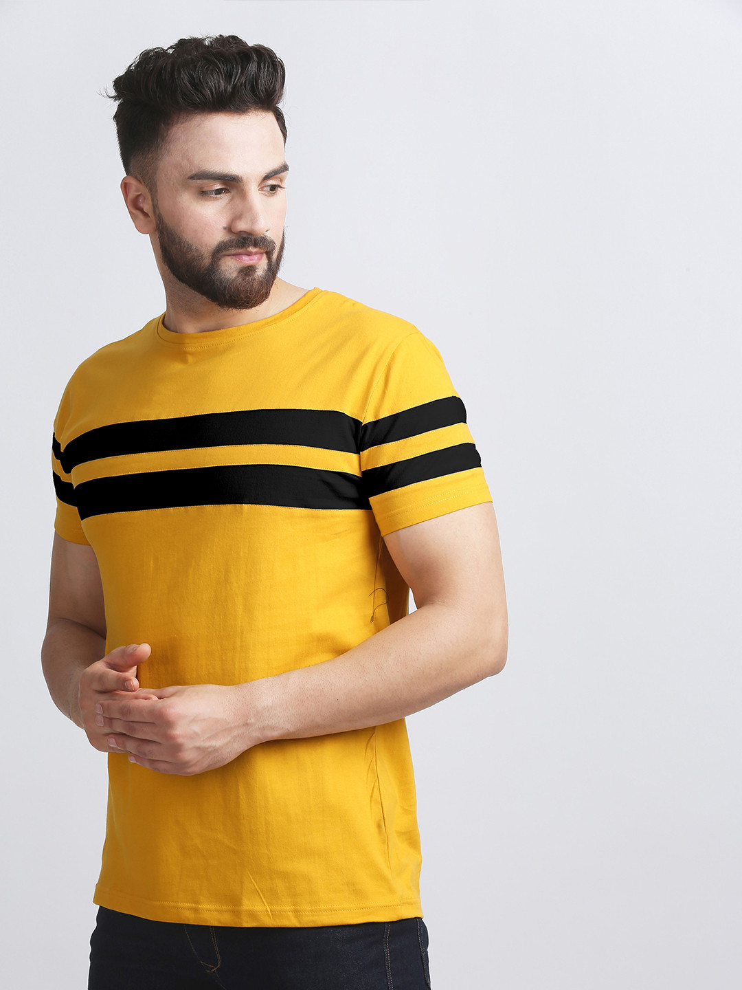 AUSK Men Mustard Yellow & Black Colourblocked Striped T-shirt