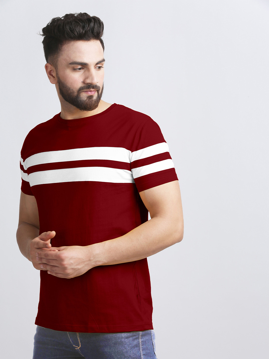 AUSK Men Maroon & White Striped T-shirt