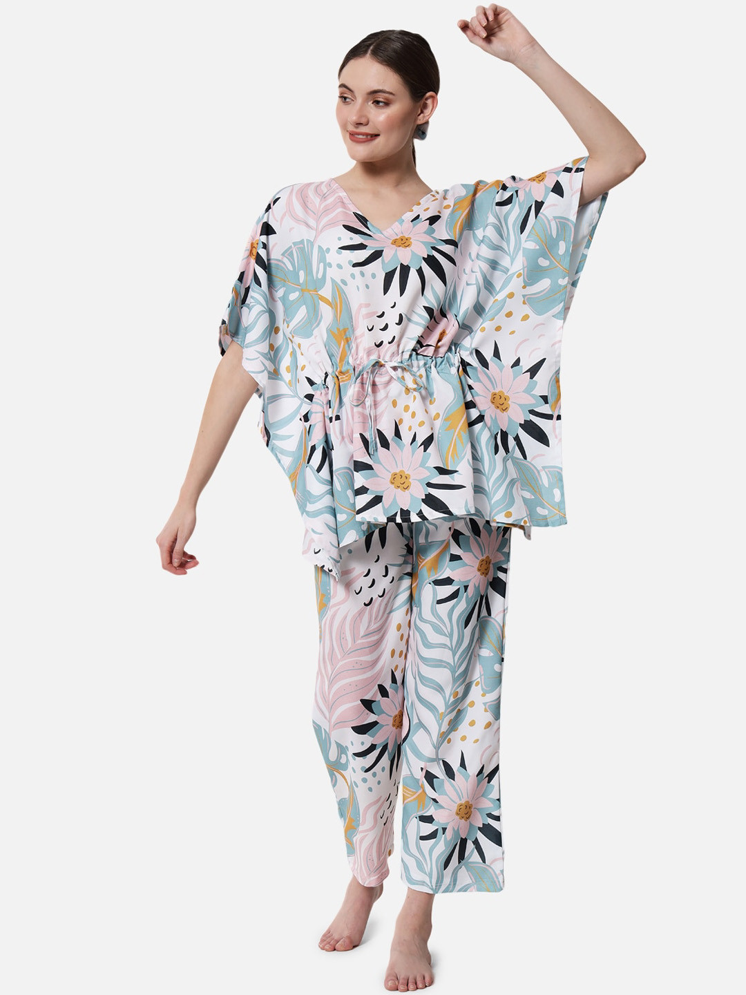 FFLIRTYGO Women White & White Printed Kaftan Night suit with Matching Scrunchie
