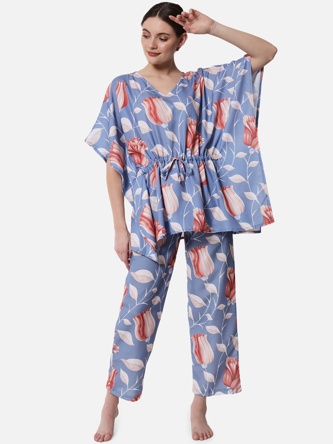 FFLIRTYGO Women Blue & White Printed Kaftan Night suit with Matching Scrunchie