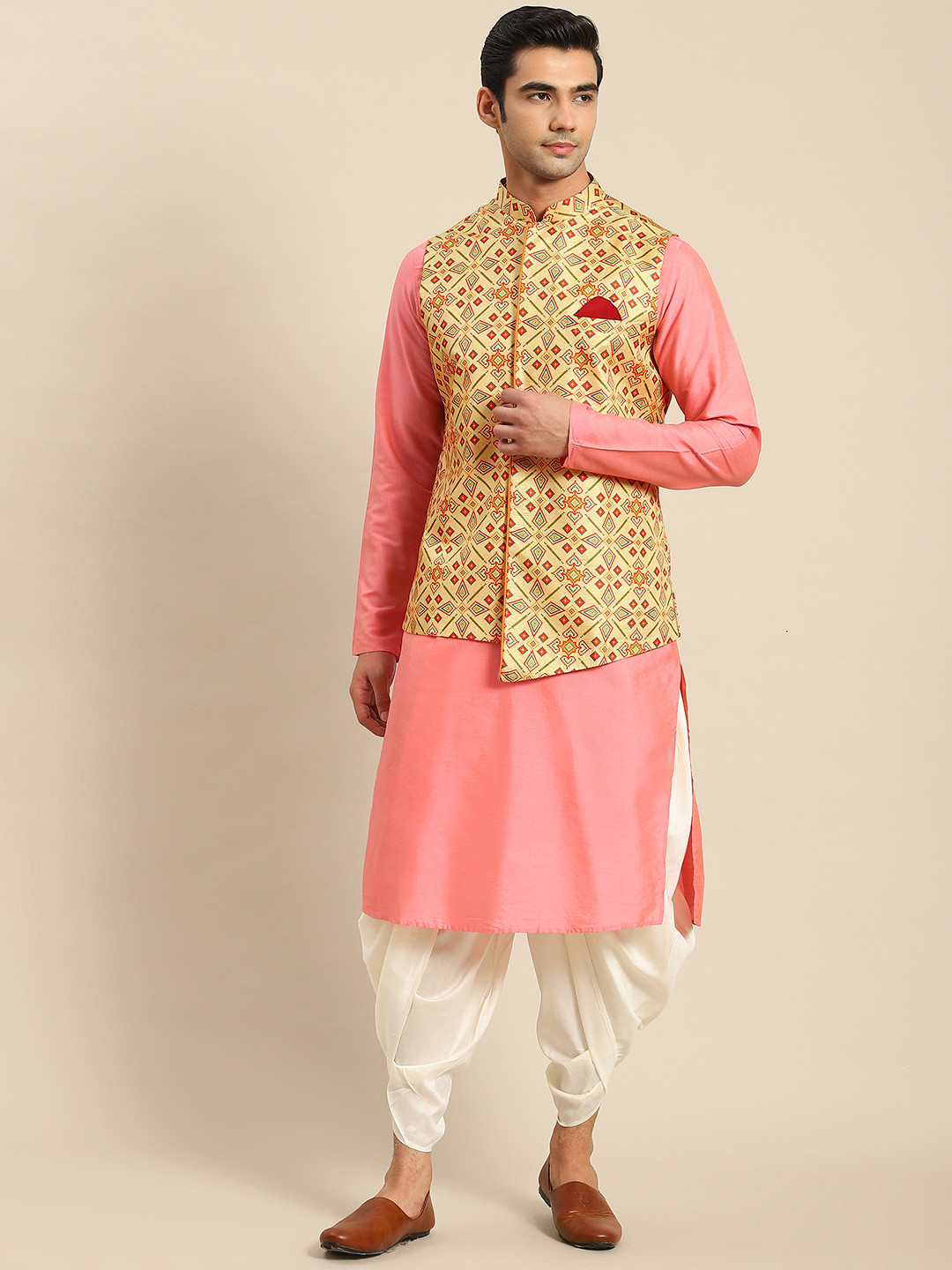 KISAH Men Pink Kurta with Dhoti Pants & Nehru Jacket