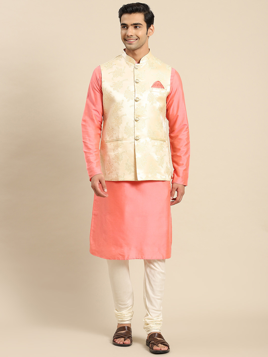KISAH Men Peach-Coloured Kurta with Churidar & Nehru Jacket