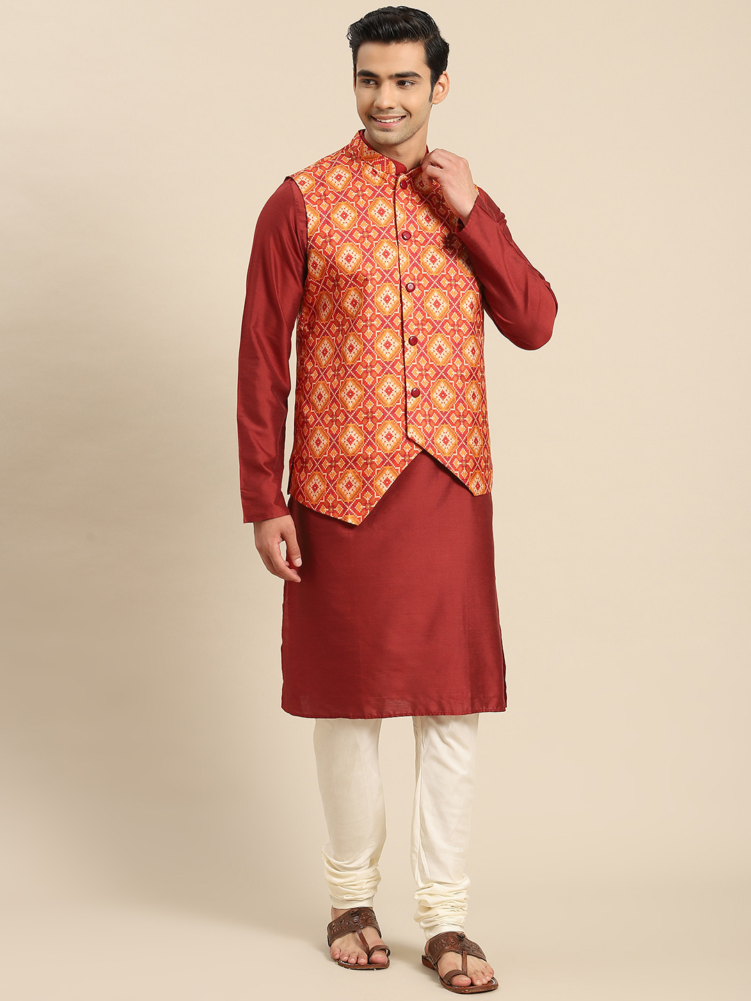 KISAH Men Red Kurta with Churidar & Nehru Jacket Set