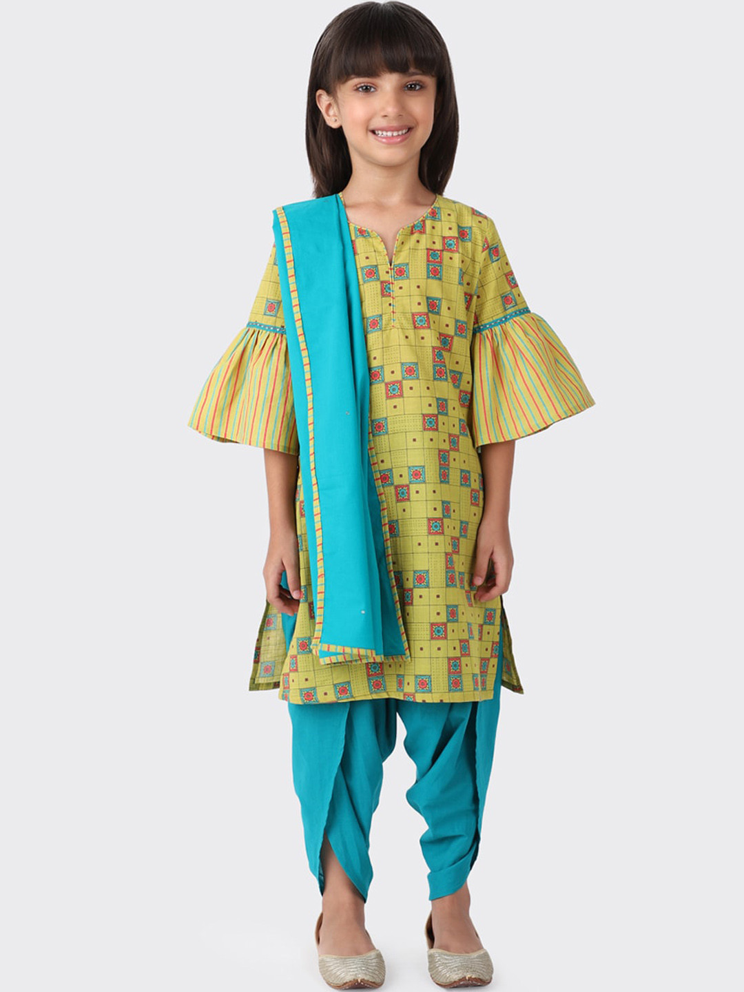 Fabindia Girls Green Printed Pure Cotton Kurta with Dhoti Pants & With Dupatta