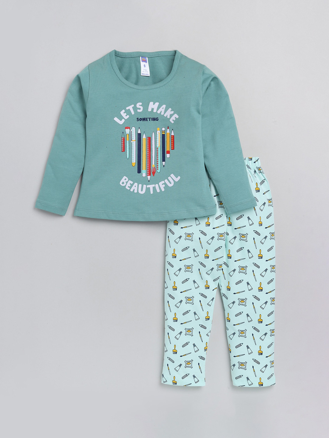 Nottie Planet Girls Green Pure Cotton Printed Top with Pyjamas