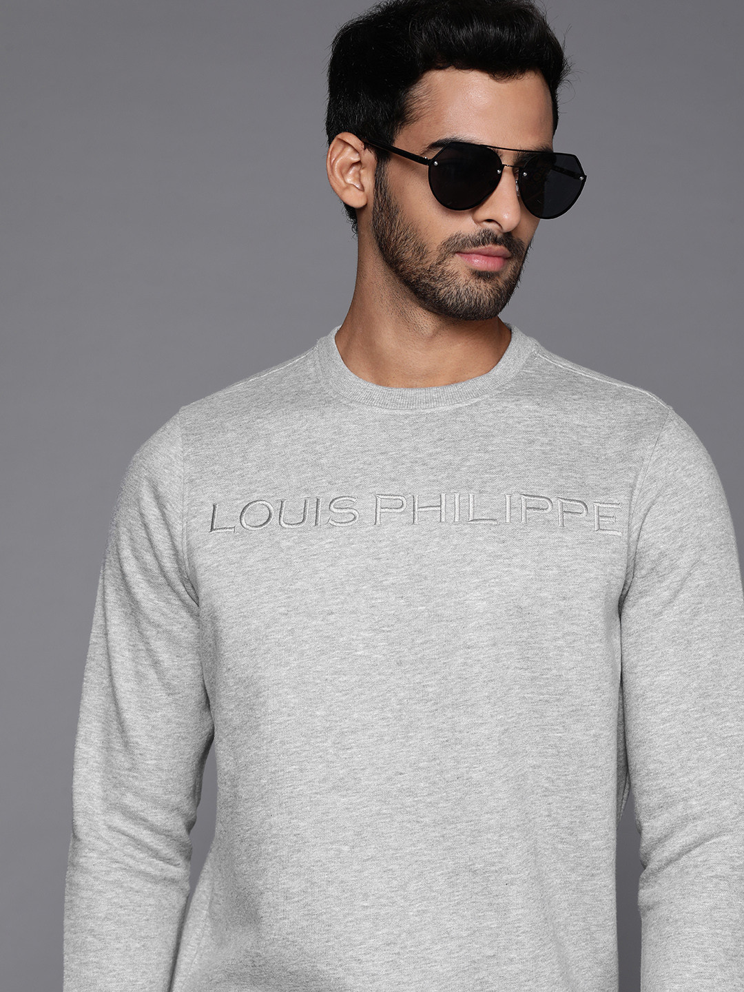 Louis Philippe Men Grey Melange Brand Logo Sweatshirt