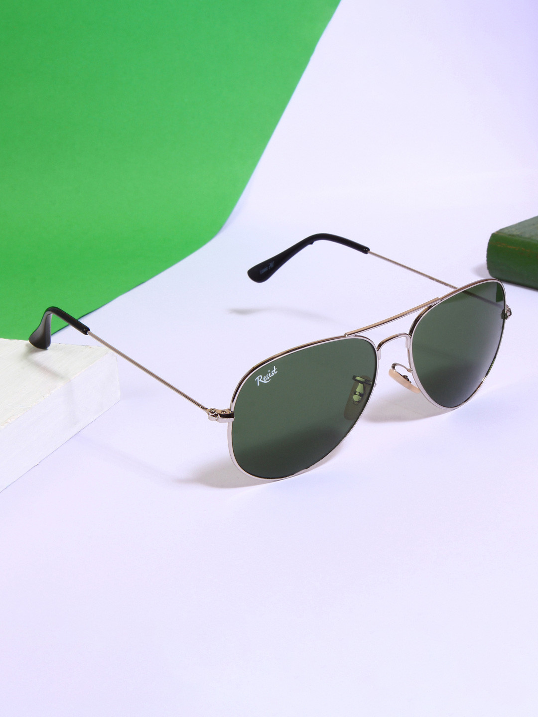 RESIST EYEWEAR Unisex Green Lens & Silver-Toned Sunglasses AIRCRAFTS SILVER GREEN-GREEN