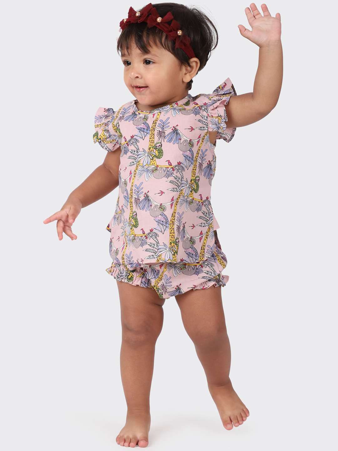 Fabindia Girls Peach-Coloured & Yellow  Pure Cotton Printed Top with Bloomer