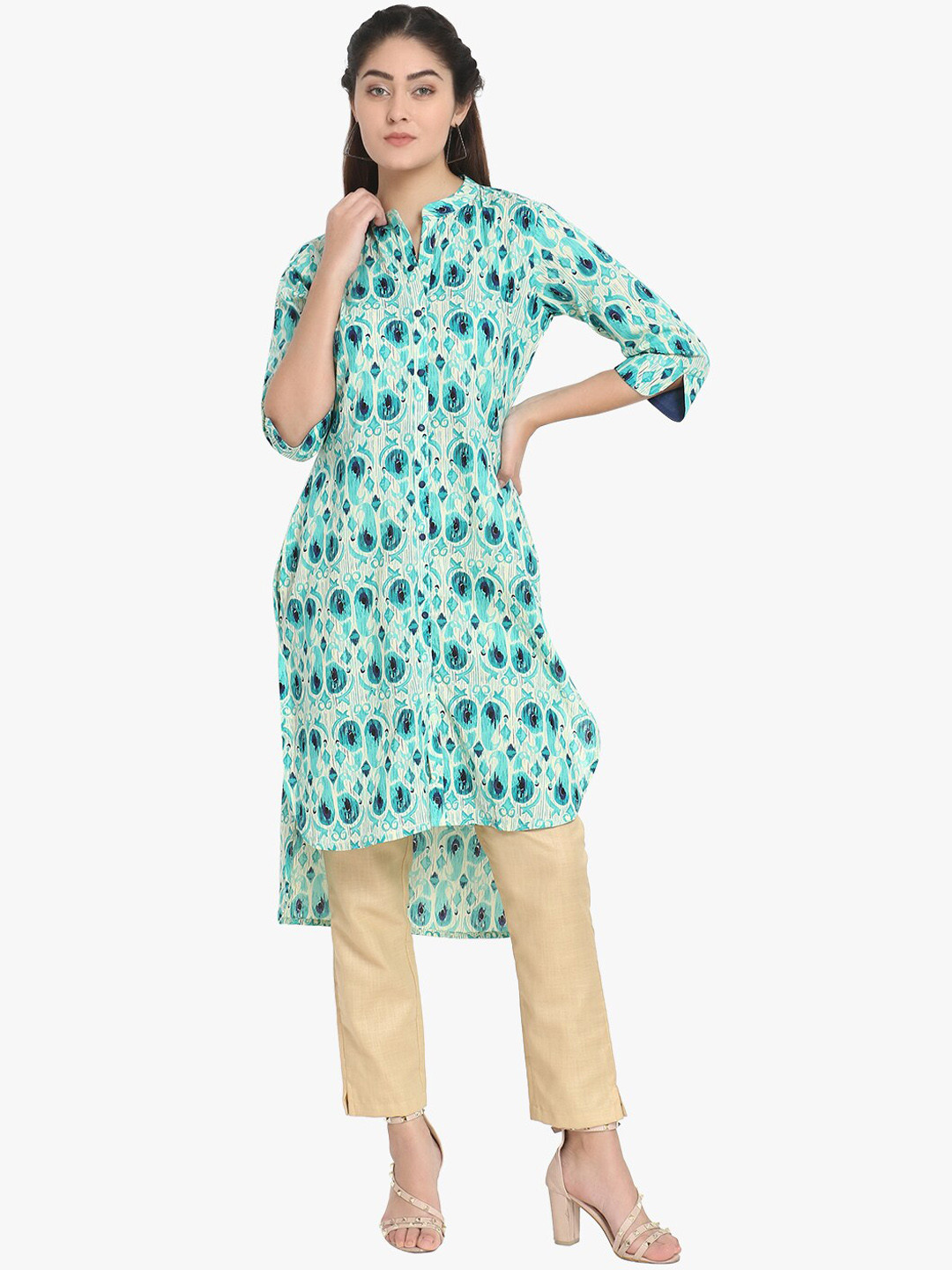 DIVINATION Women Sea Green Paisley Printed Kurta