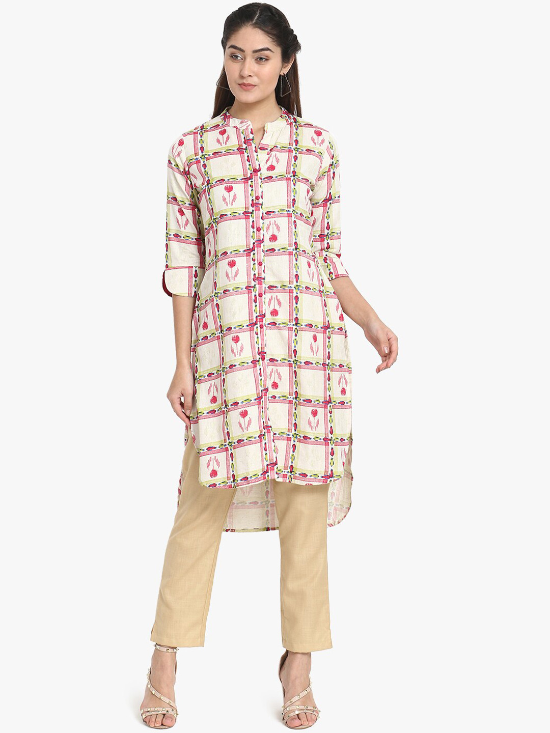 DIVINATION Women White Floral Checked Pathani Kurta