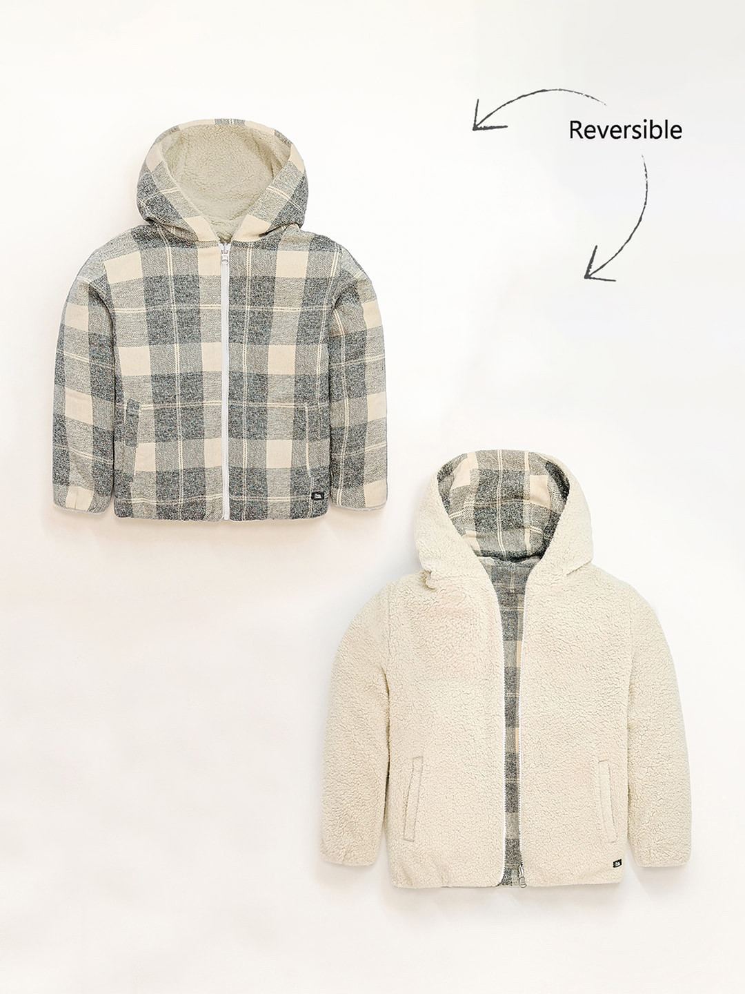 Cherry Crumble Boys Cream-Coloured & Green Reversible Checked Tailored Jacket