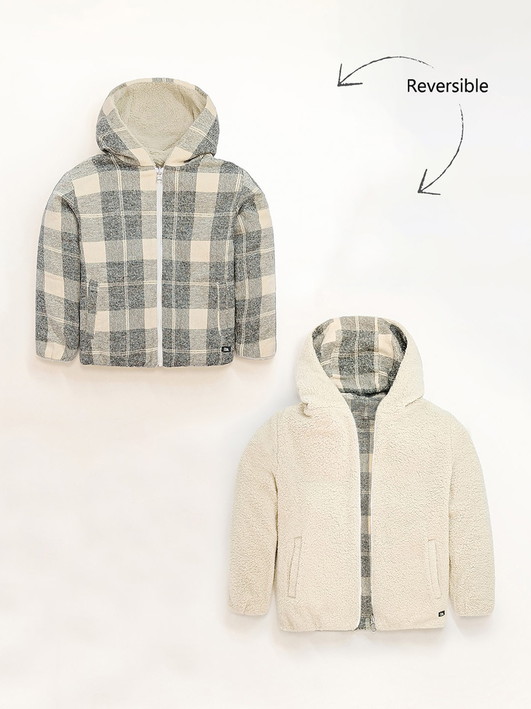 Cherry Crumble Boys Cream-Coloured & Black Reversible Checked Tailored Jacket