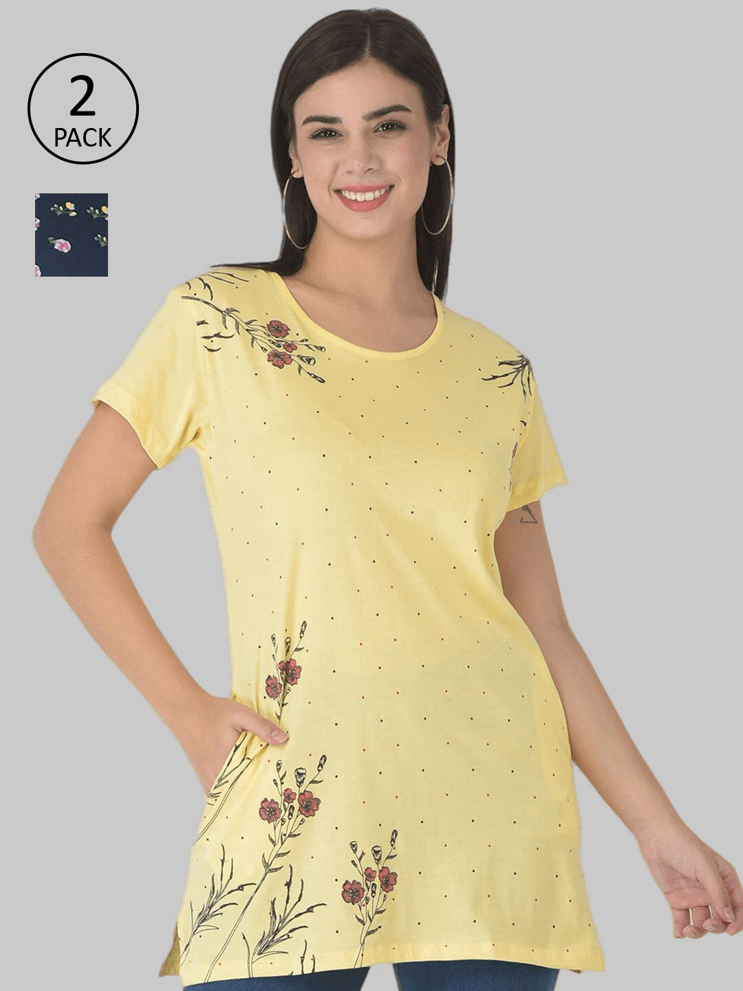 Dollar Missy Women Pack Of 2 Combed Cotton Super Soft Printed Round Neck Long Top