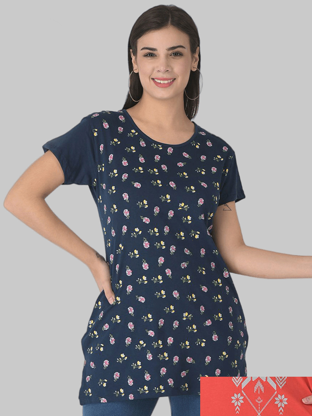 Dollar Missy Women Pack Of 2 Combed Cotton Super Soft Printed Round Neck Long Top