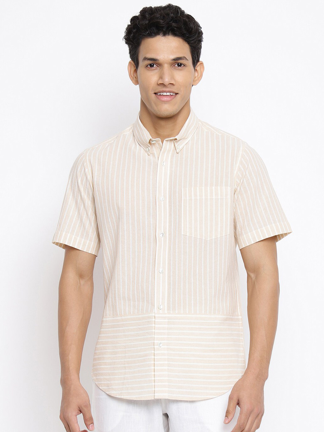 Men Beige Regular Fit Vertical Striped Casual Shirt