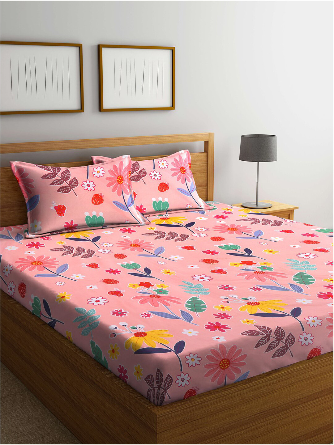 KLOTTHE Floral 300 TC Double King Bed Sheet with 2 Pillow Covers