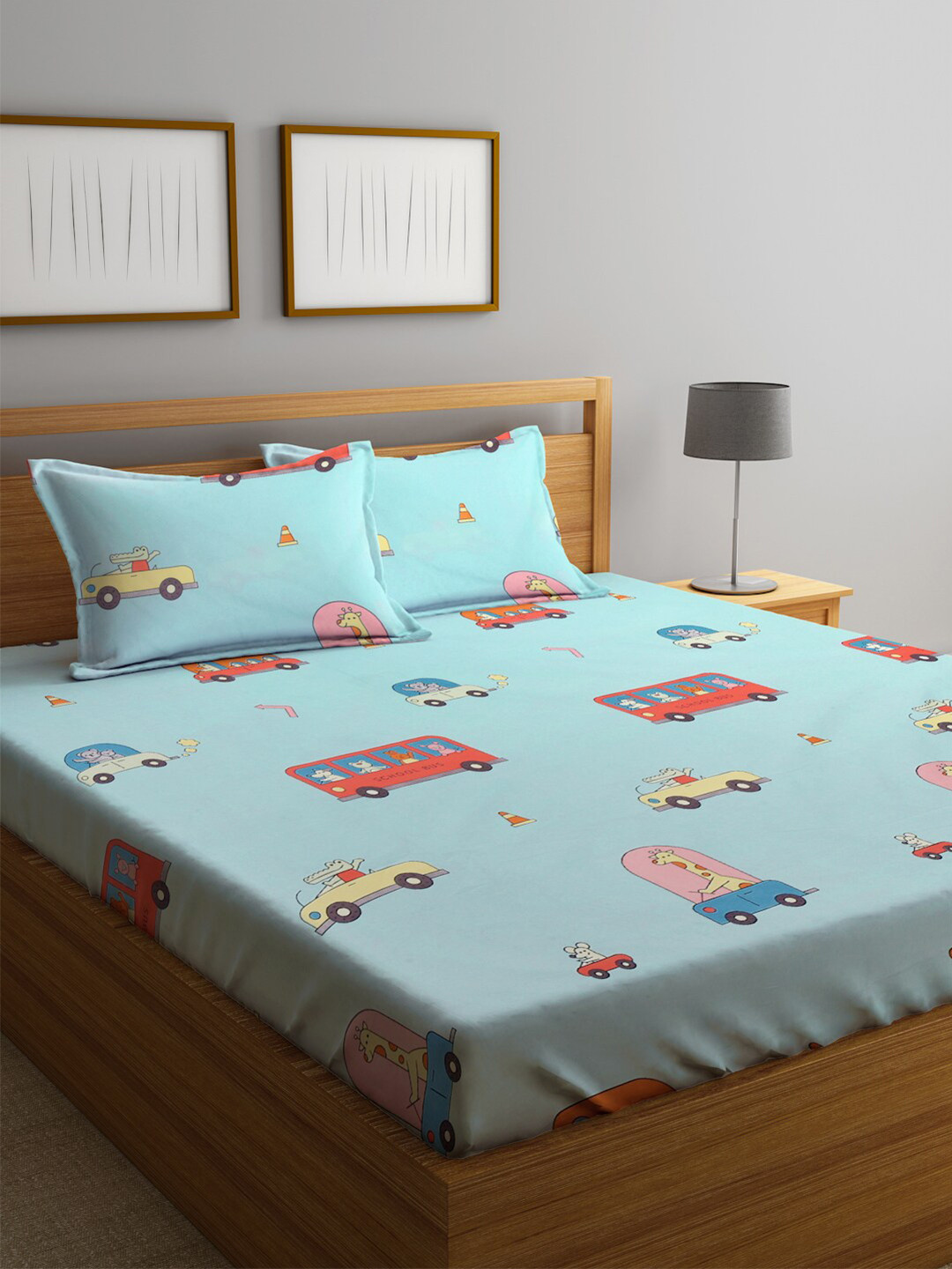 KLOTTHE Blue Conversational Polycotton 300 TC King Fine Bedsheet with 2 Pillow Covers-98 x 87 inches
