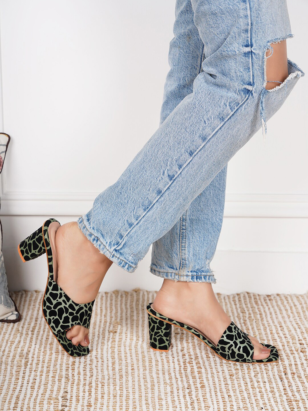 Shezone Green & Black Printed Block Heels