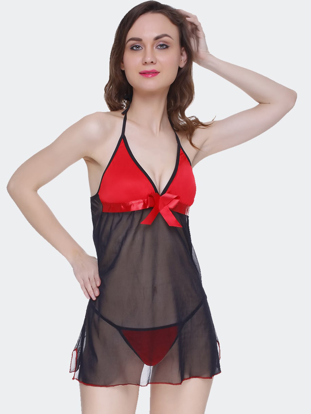 Fleurt Women Red & Black Net Baby Doll  Night Wear