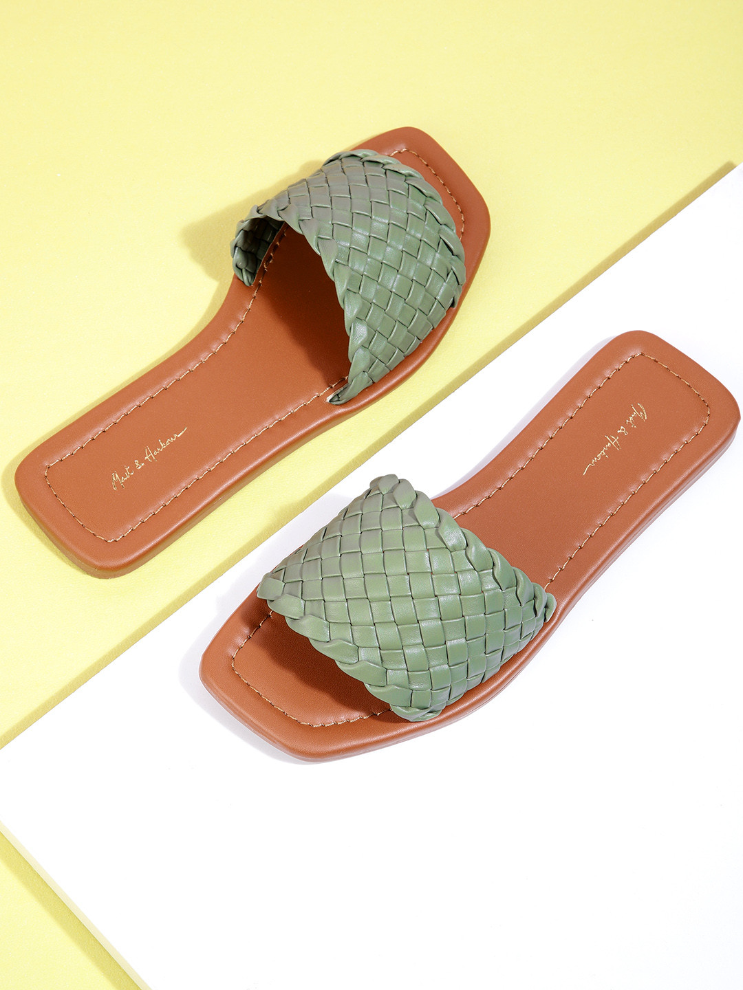 Mast & Harbour Women Sage Green Woven Design Open Toe Flats