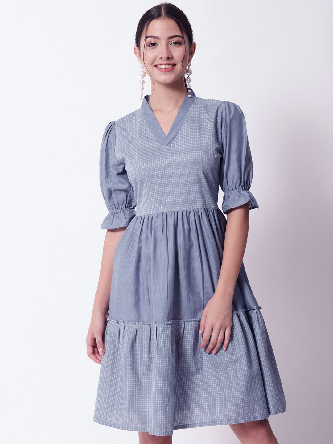 Shopping Queen Women Blue Solid Cotton Dress