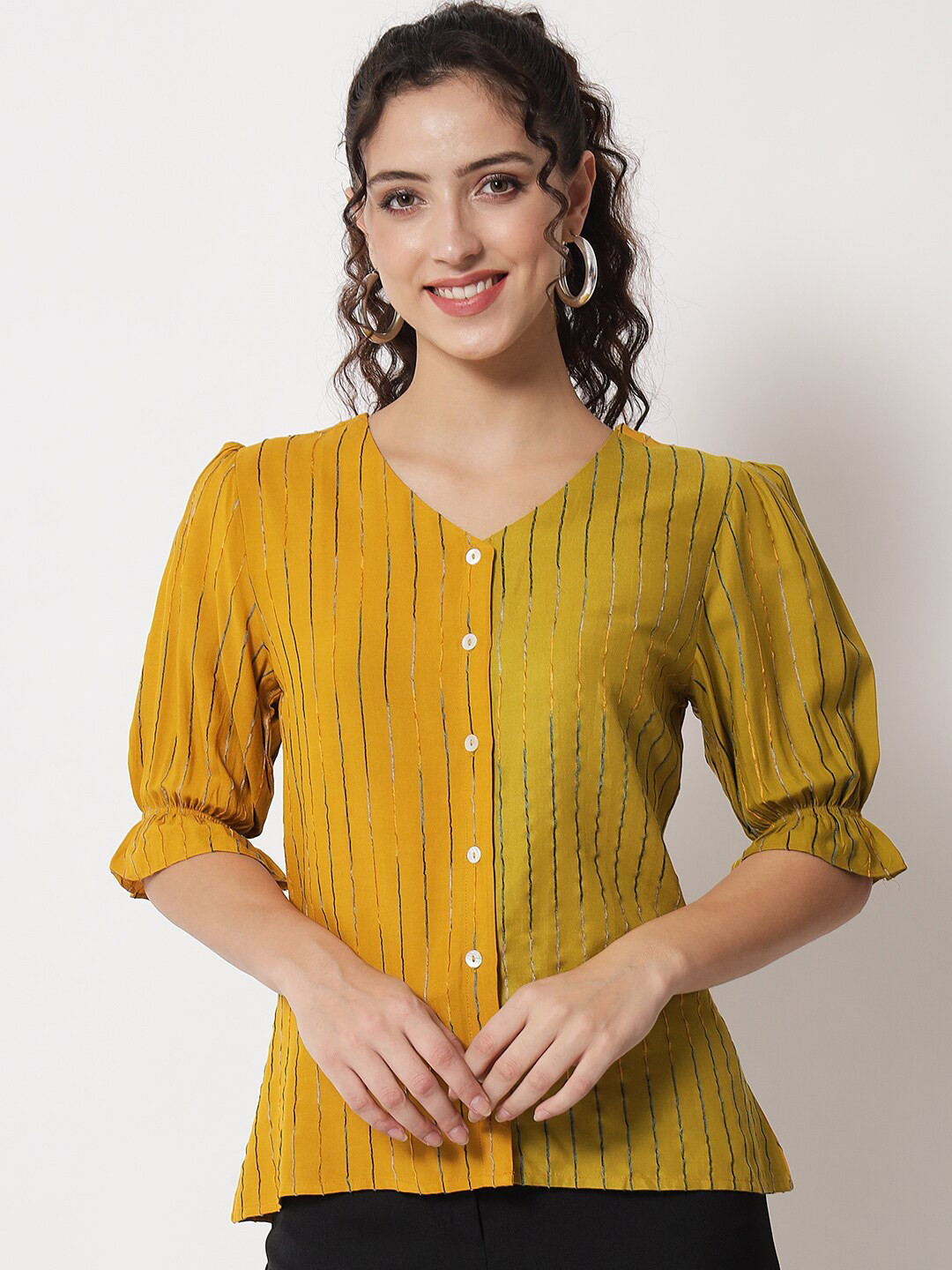 Shopping Queen Women Mustard Yellow & Green Colourblocked Top
