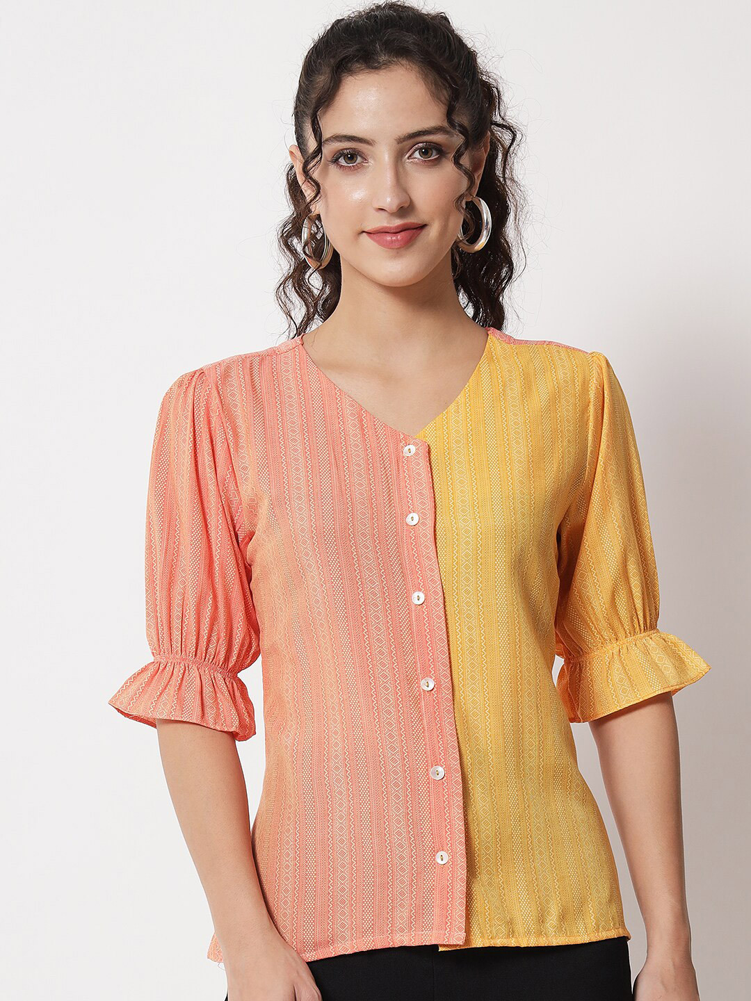 Shopping Queen Women Orange & Yellow Colourblocked Print Top