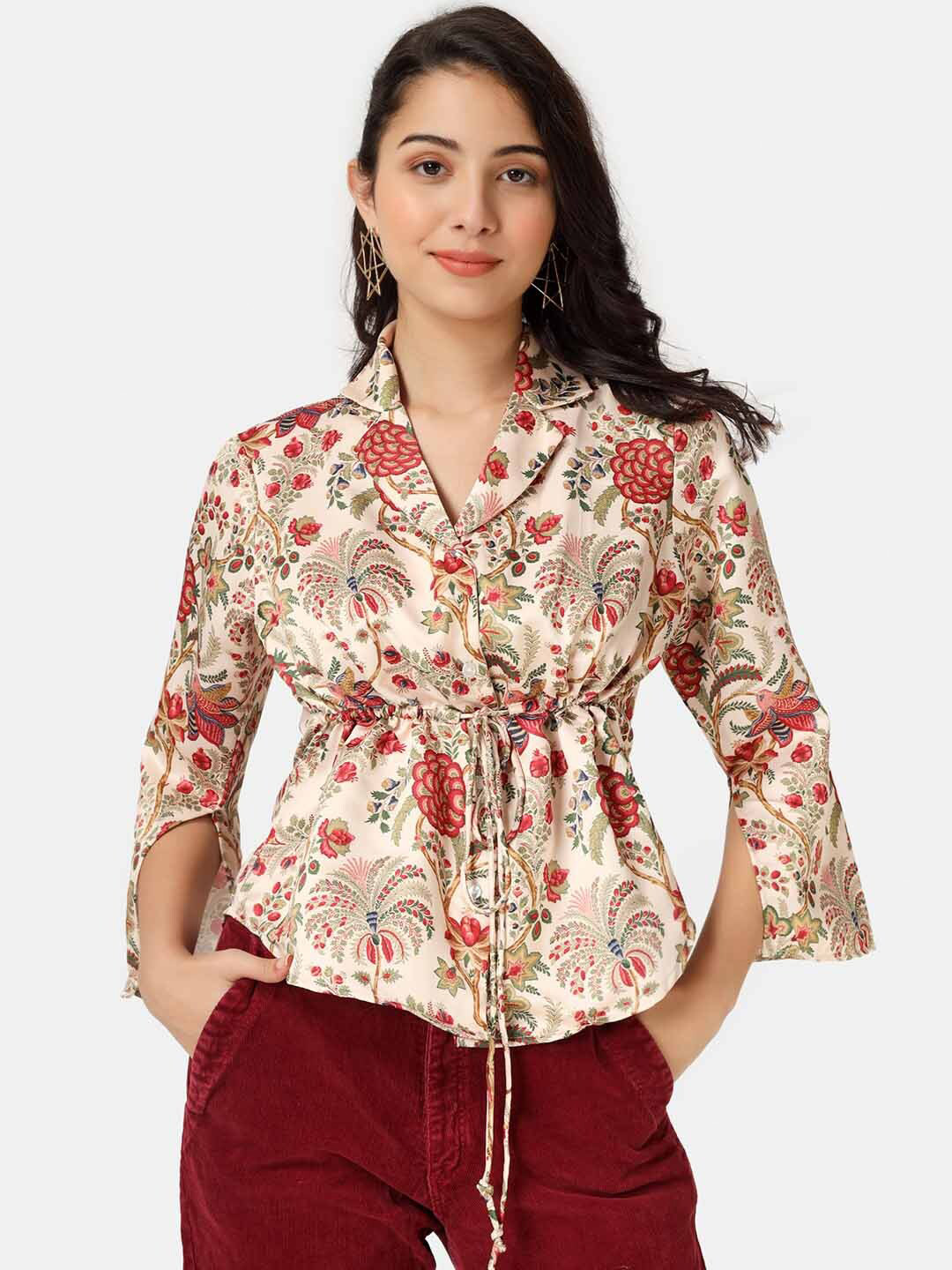 angloindu Cream-Coloured & Red Floral Print Cinched Waist Top