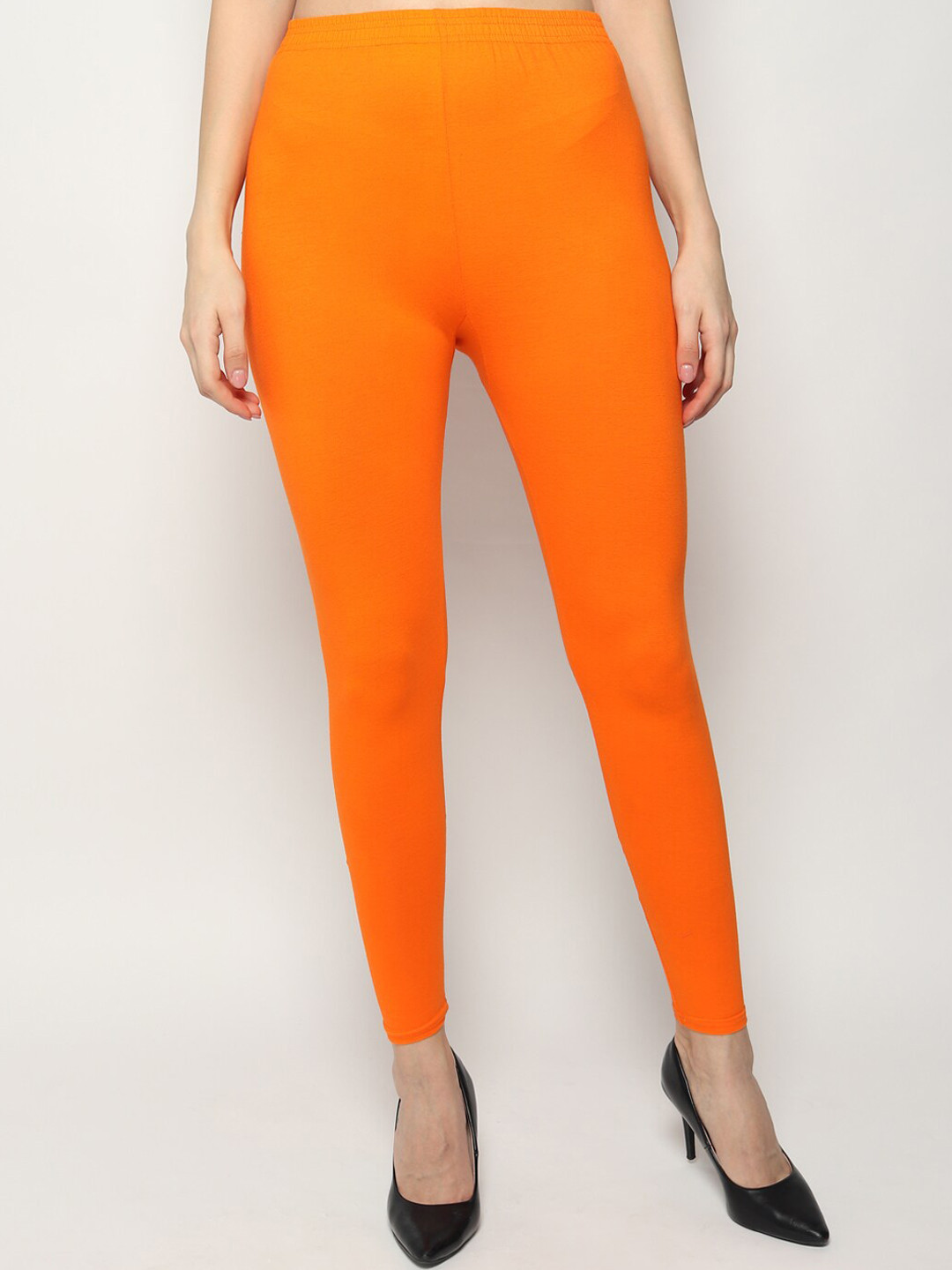 KEX Women Orange Solid Cotton Ankle Length Leggings