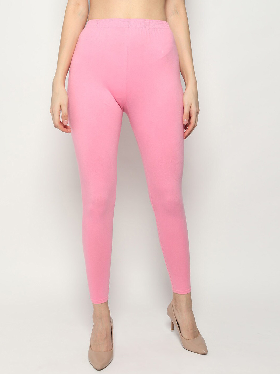 KEX Women Pink Solid Cotton Ankle Length Leggings