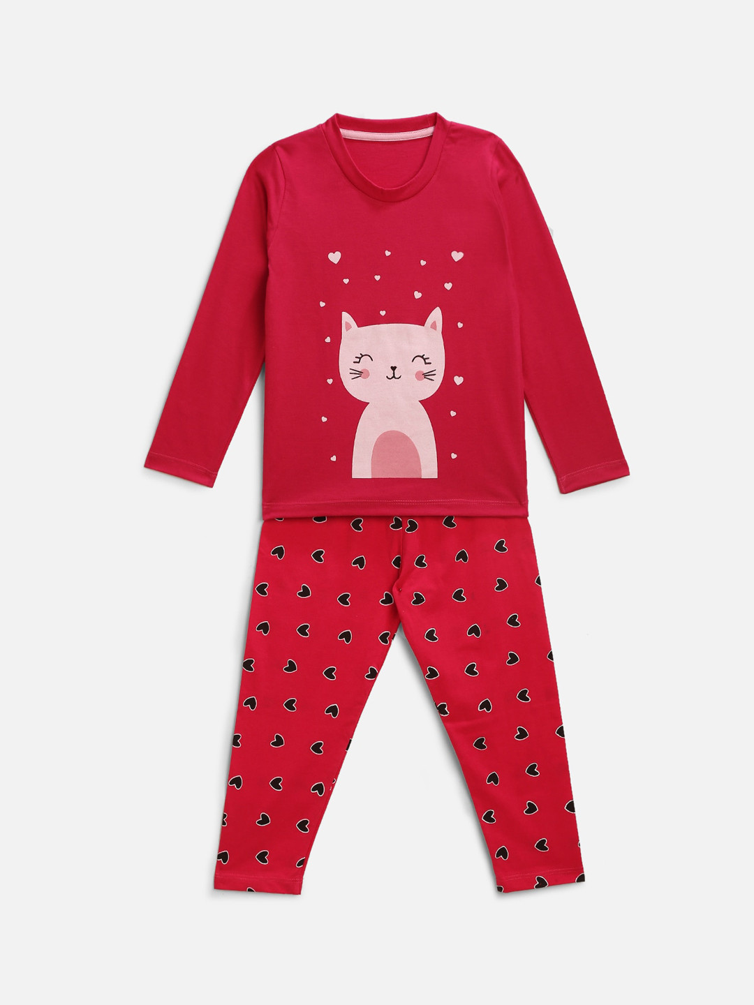 HERE&NOW Girls Pink & Pink Cotton Cat Print Night suit